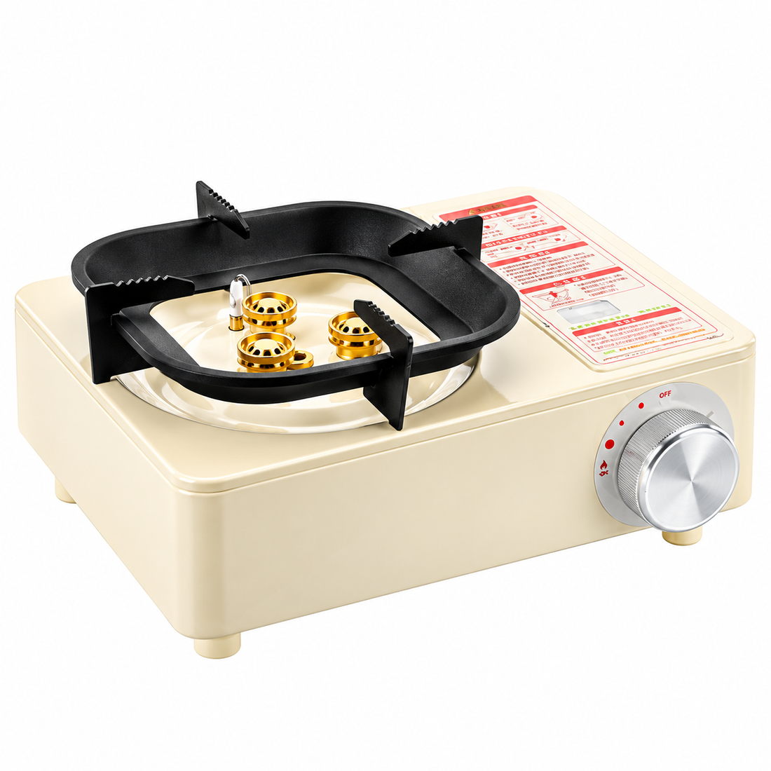Portable butane cassette stove with a compact single-burner design for outdoor cooking.