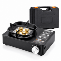 Portable butane gas stove designed for camping, picnics and outdoor cooking activities.