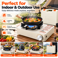 Portable gas cooker arranged on a stable surface at an outdoor picnic.