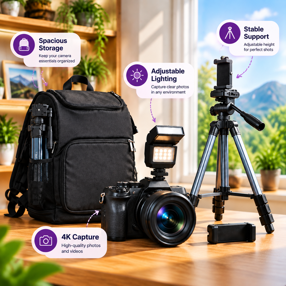 Portable camera kit with storage bag and accessories