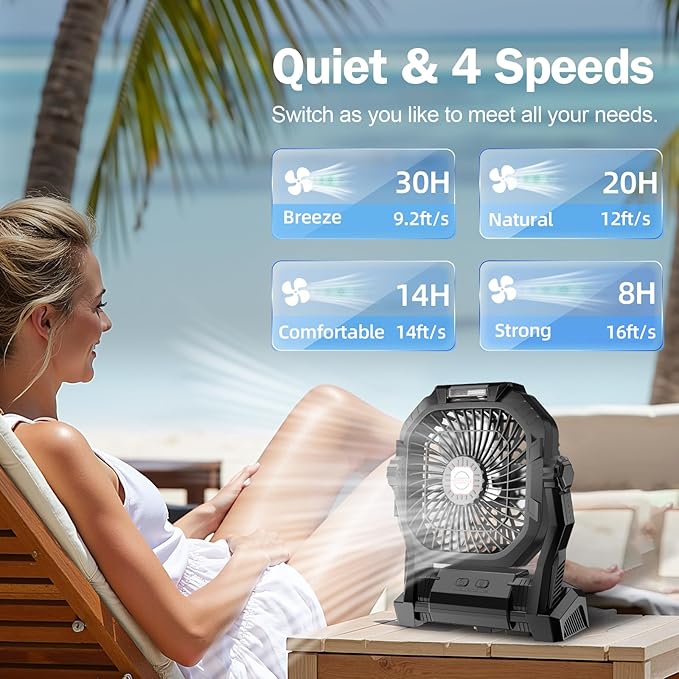 Portable Camping Fan with Built In LED Light for Night Use