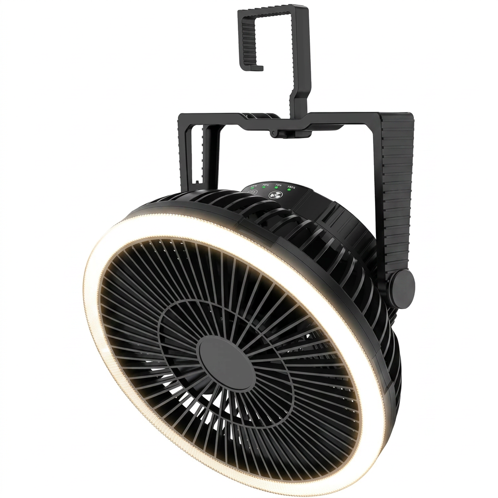 Portable camping fan with LED lantern for tent and outdoor cooling