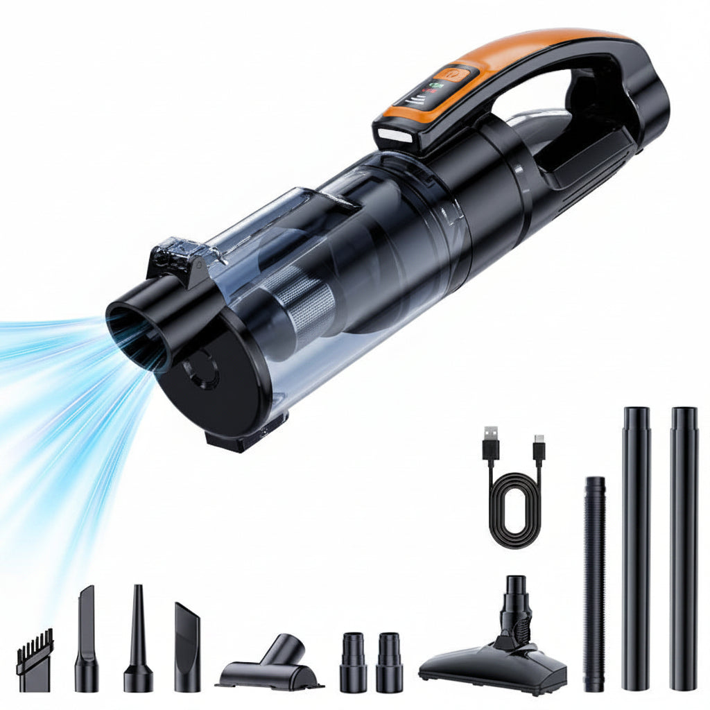 Portable vacuum cleaner being used inside a car