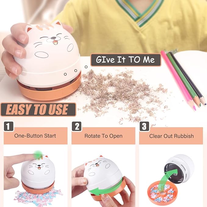 Portable Mini Desk Vacuum Cleaner in White & Orange for Crumbs, Dust, and Debris, USB Rechargeable.