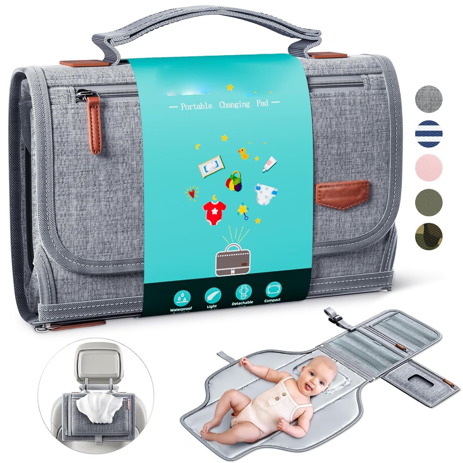Portable diaper changing pad for babies with waterproof surface