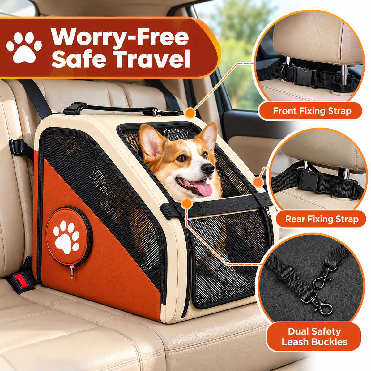 Portable dog car carrier with foldable construction