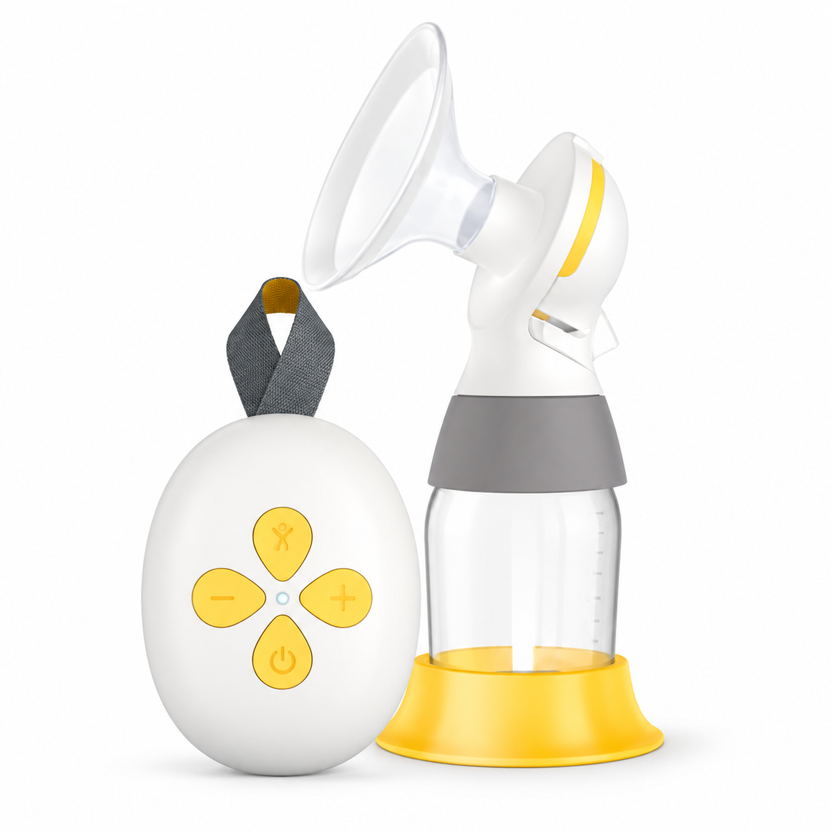 White and yellow electric breast pump with milk collection bottle, breast shield and separate oval controller.