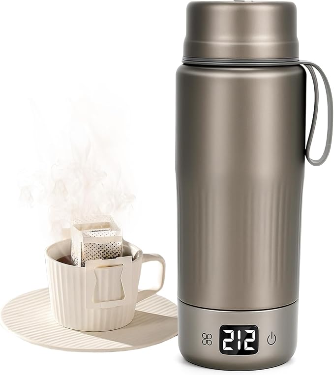 Portable electric travel kettle with compact gray design