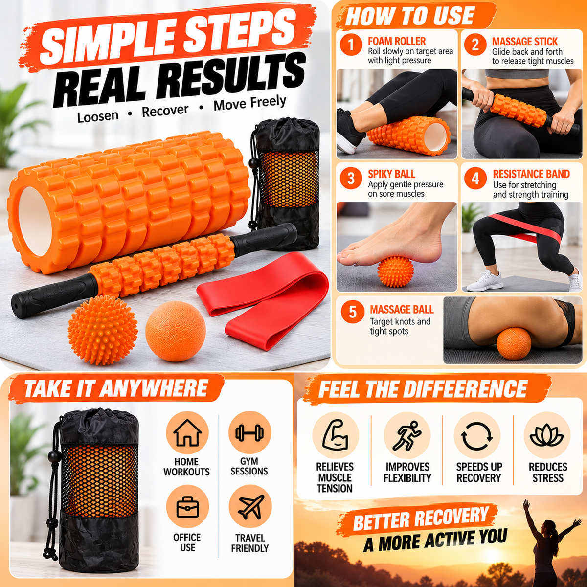 Carrying bag for convenient storage and transport of foam roller equipment.
