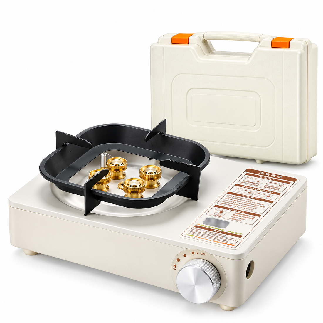 Portable gas stove designed for camping trips and outdoor meal preparation.