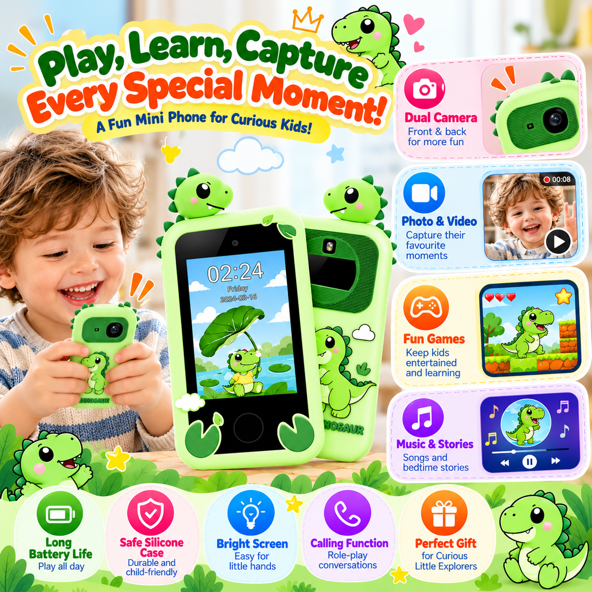 Portable kids digital camera designed for handheld photo and video use.