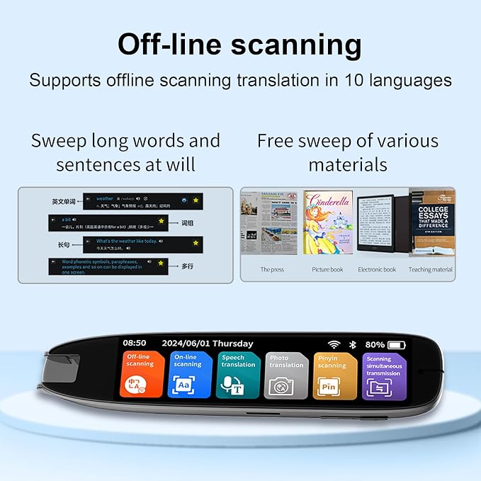 Portable language scanner positioned beside an open textbook.