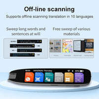 Portable language scanner positioned beside an open textbook.