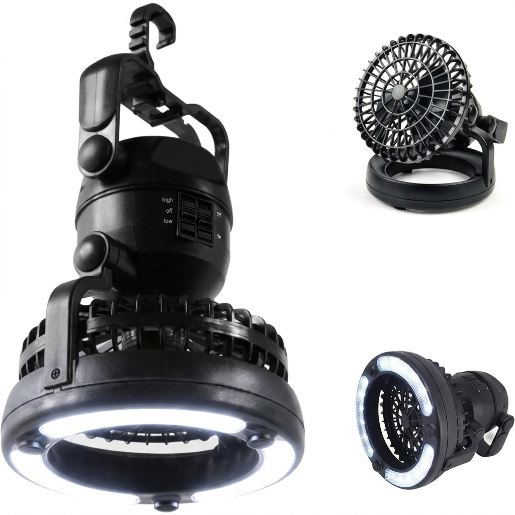 Portable LED camping lantern with ceiling fan for outdoor adventures and power outages