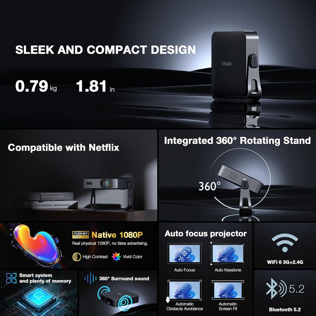 portable mini projector with auto focus and auto keystone correction