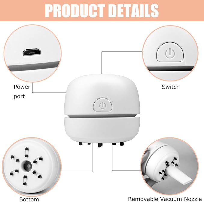 Portable USB Rechargeable Vacuum Cleaner in White, Ideal for Cleaning Desks, Keyboards, and Cars.