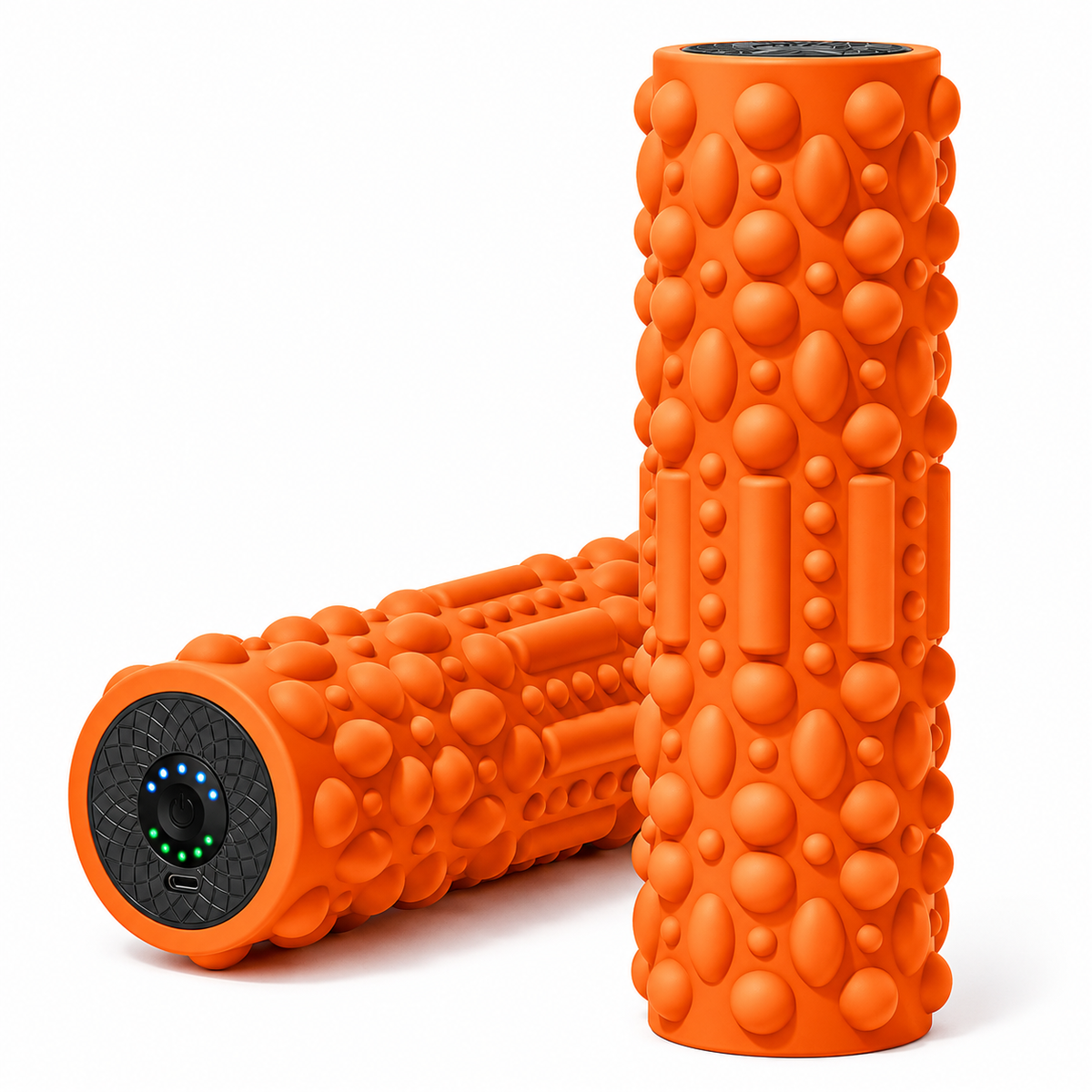 Portable muscle massage device displayed with home workout accessories.