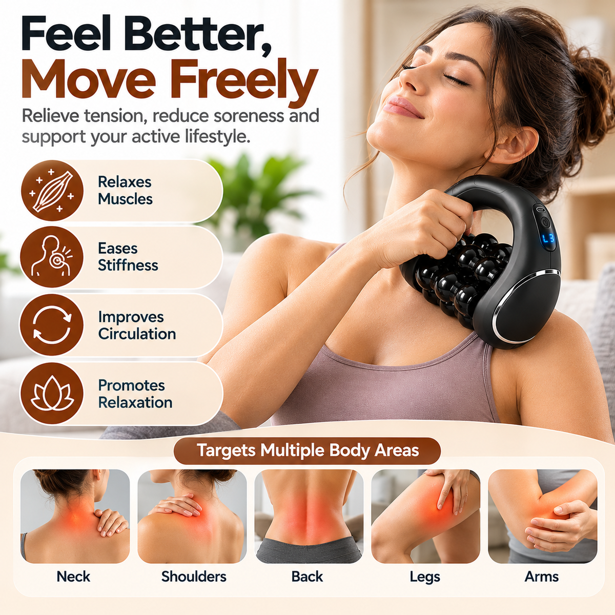 Side profile of a compact muscle massager with handheld construction.