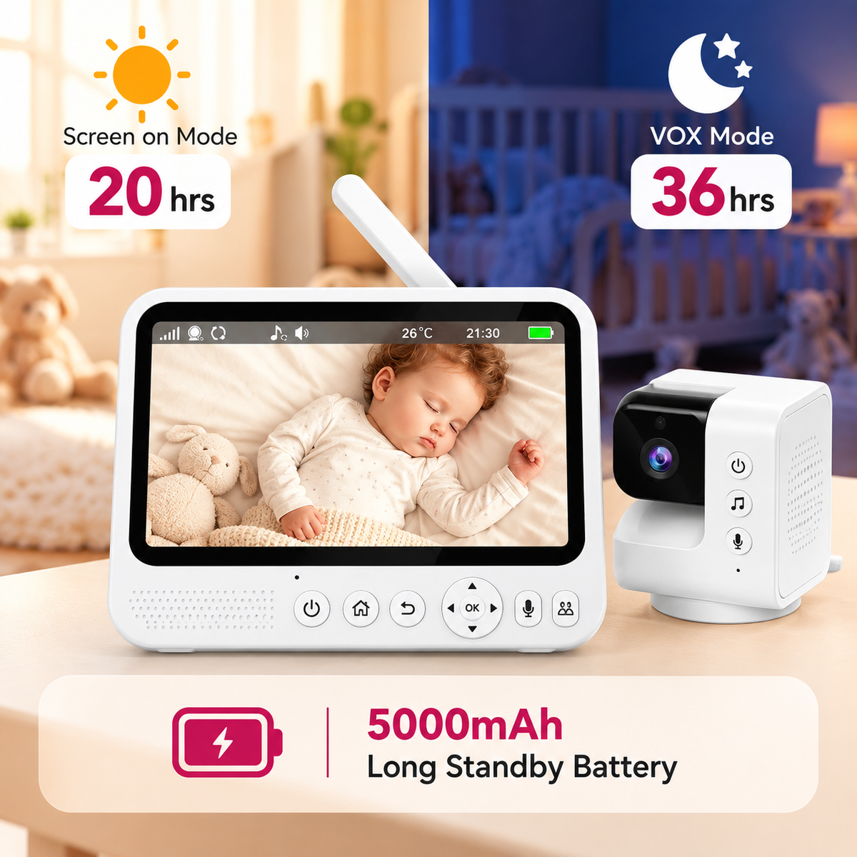 Parent holding a seven-inch video display showing a live view of the baby's room