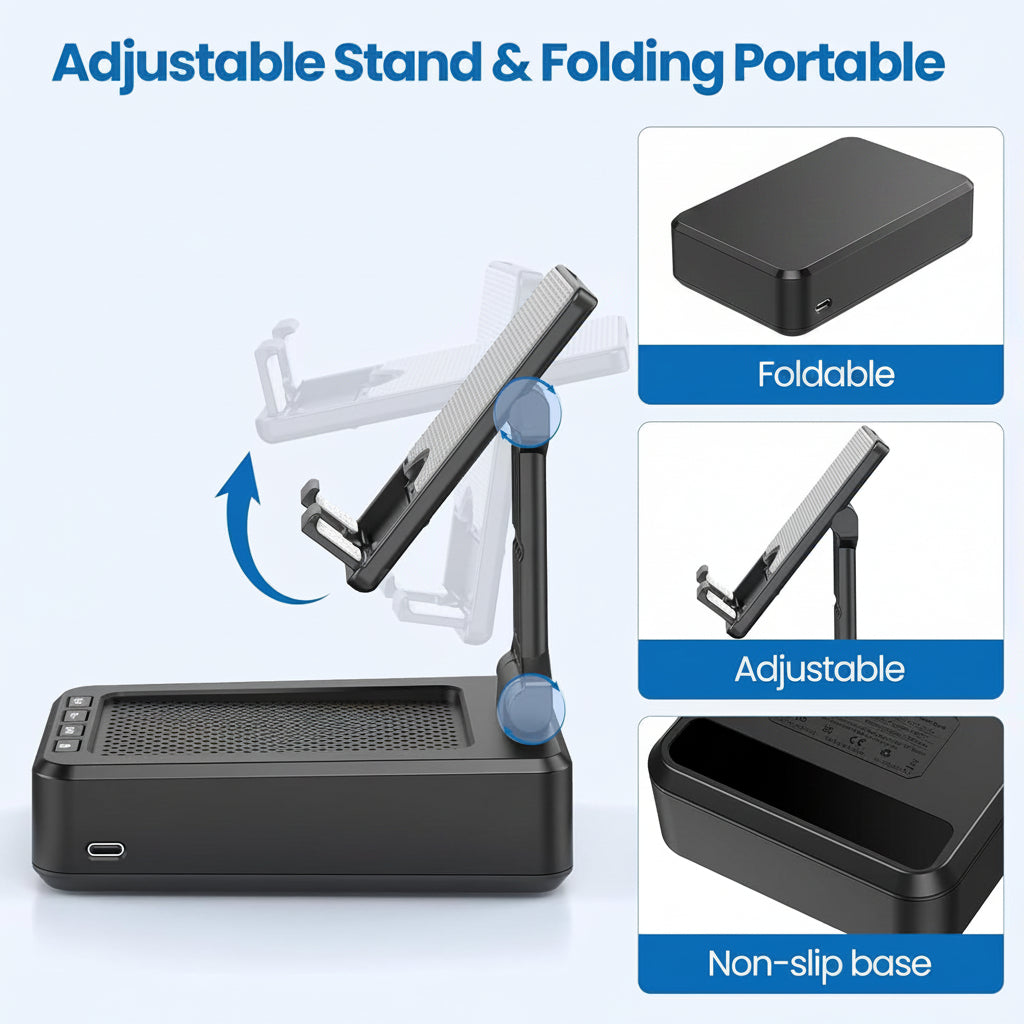 Portable phone stand with wireless speaker for home patio and outdoor use