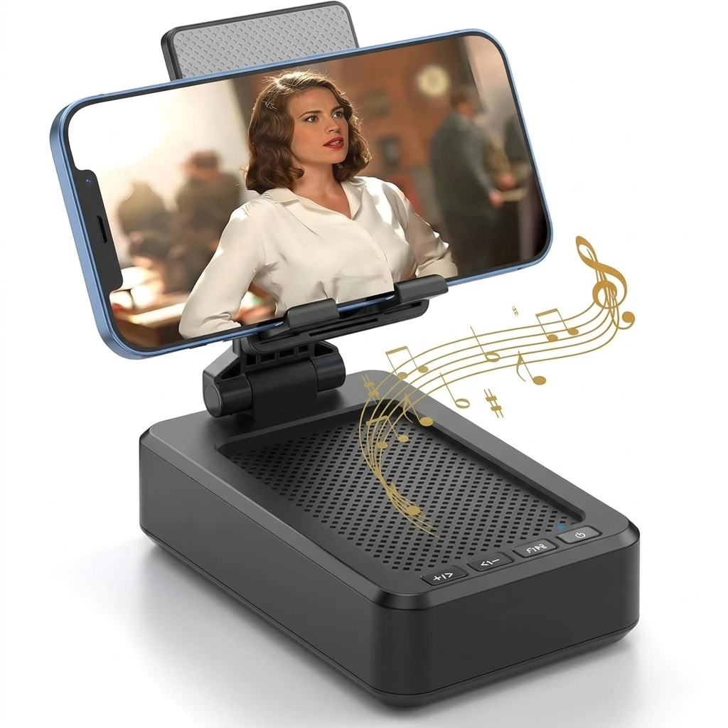 Portable Cell Phone Stand with Wireless Bluetooth Speaker, delivering HD surround sound for home and outdoor use.