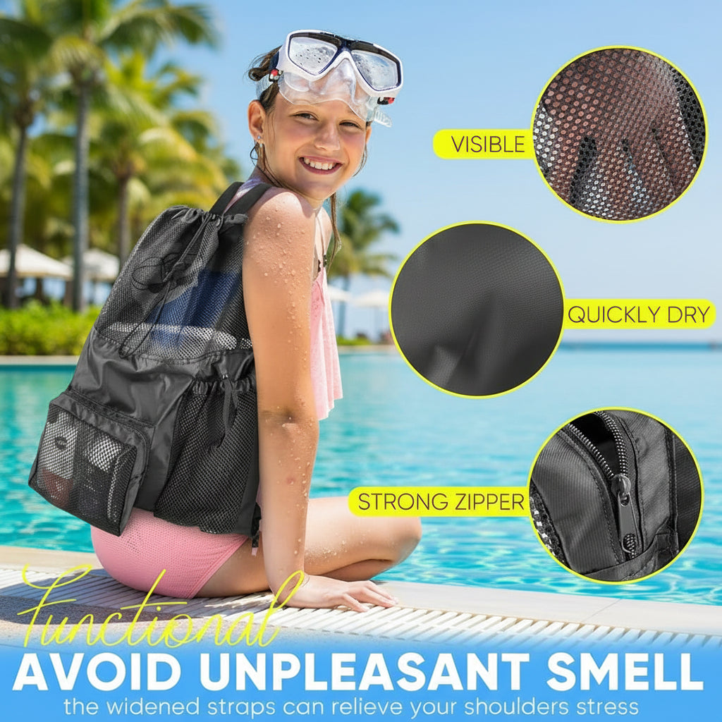 Portable pool storage mesh bag for swimming gear beach items and daily essentials