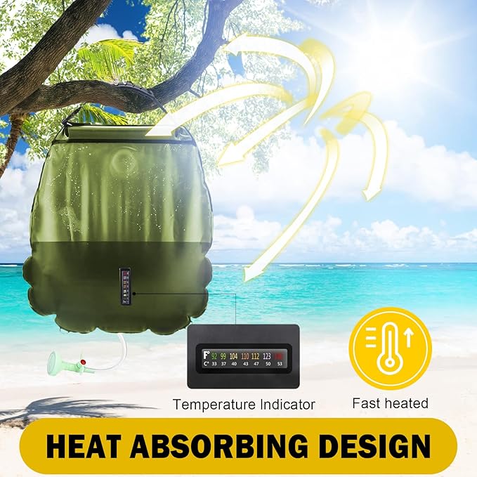 Portable shower bag for hiking, camping, and travel with solar heating