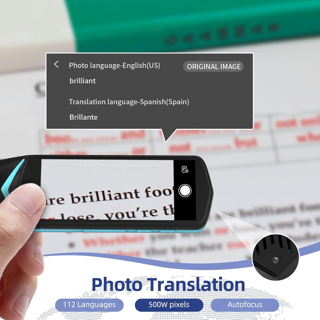 Handheld scanning reader positioned over printed text for language recognition.