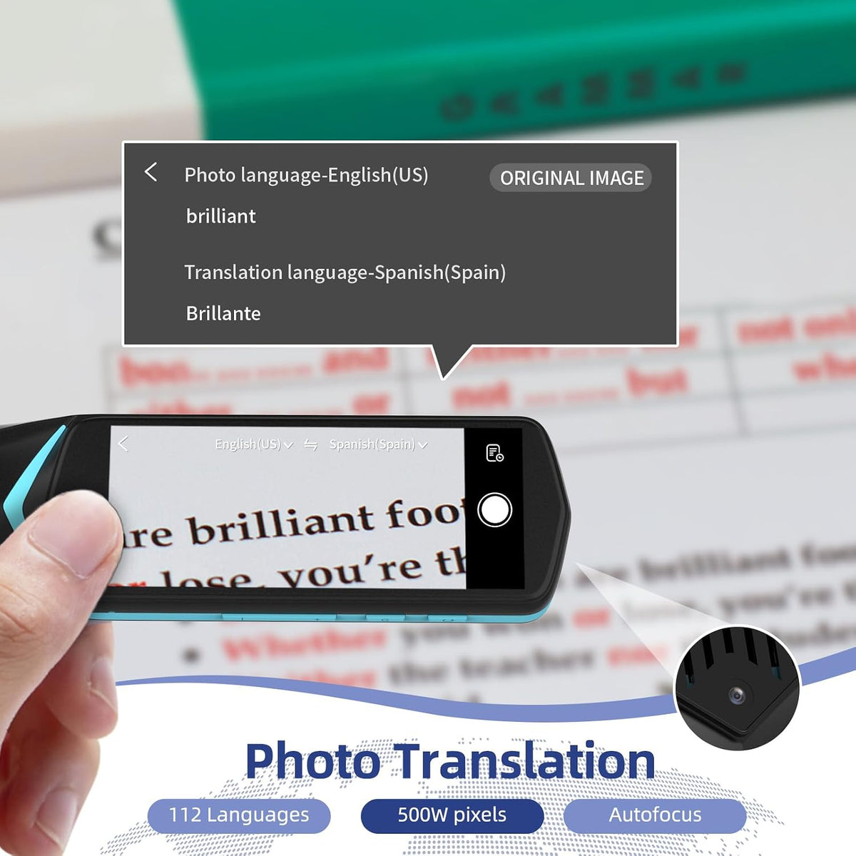 Handheld scanning reader positioned over printed text for language recognition.