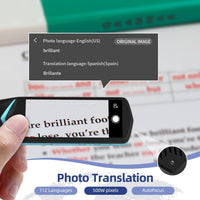 Handheld scanning reader positioned over printed text for language recognition.