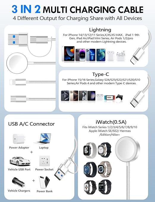 portable 3 in 1 charging cable travel friendly design 4ft