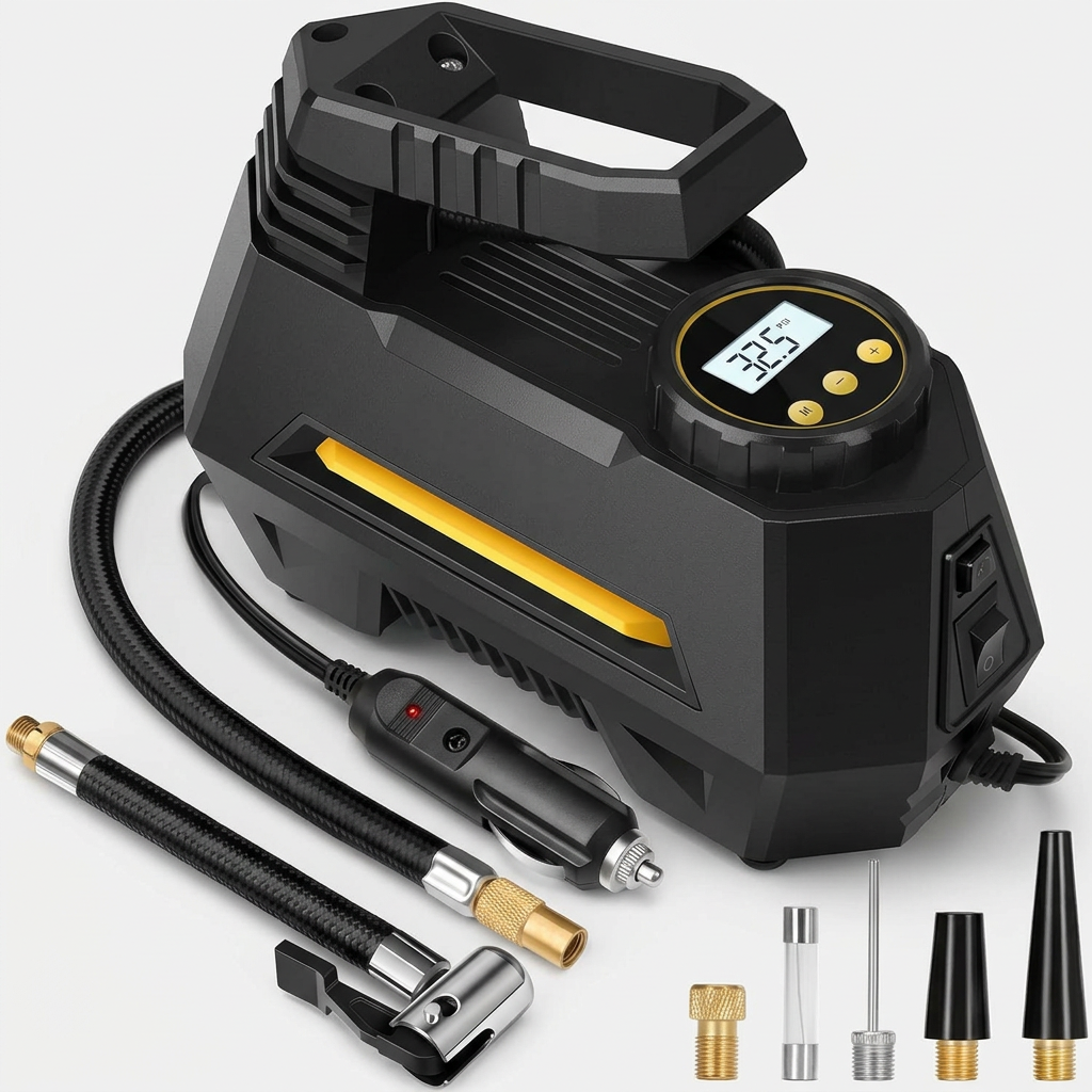 Portable yellow tyre inflator air compressor for car tires