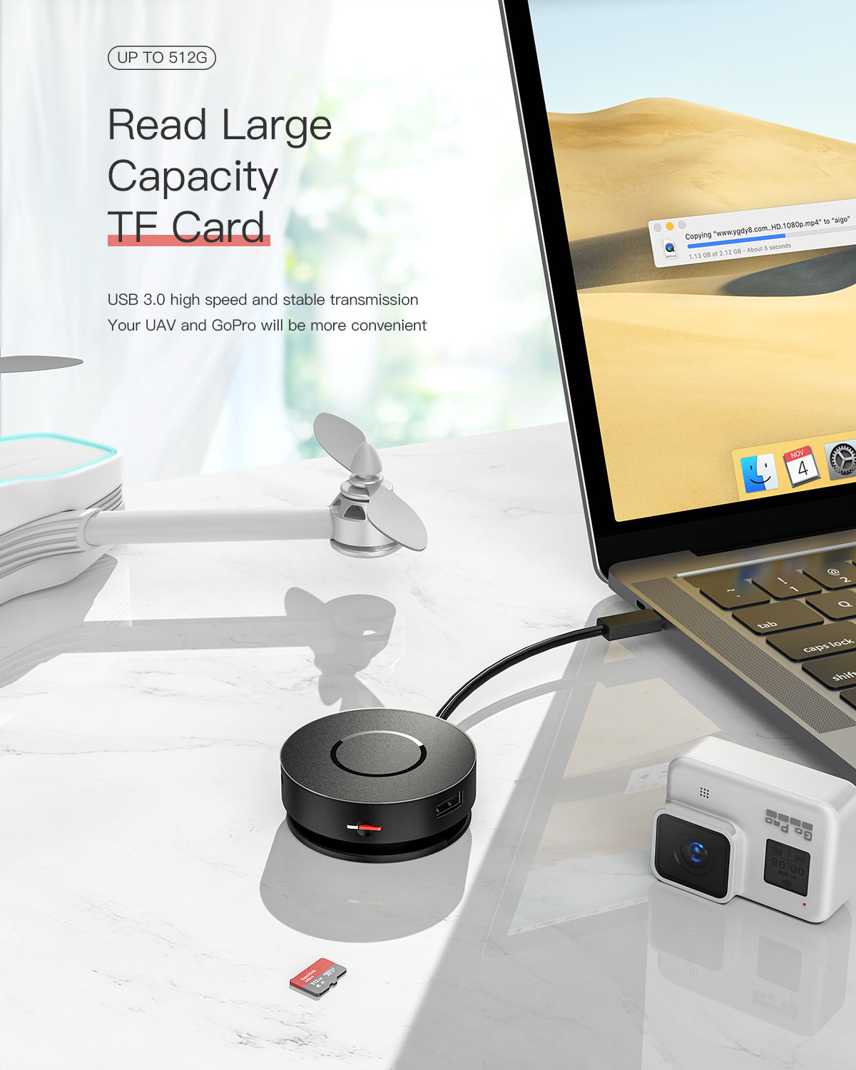 Portable USB C laptop hub side view