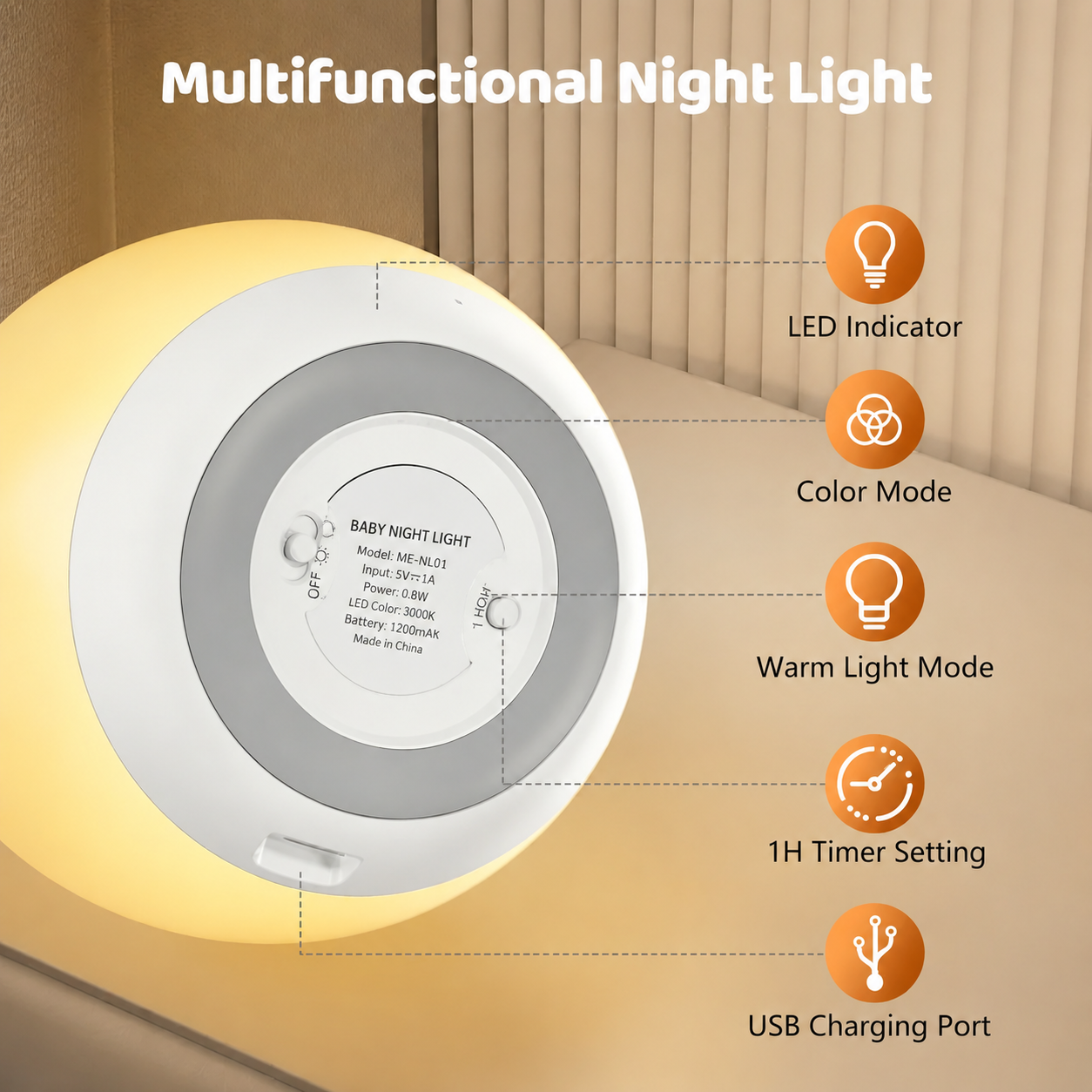 portable USB rechargeable night light for nursery and bedroom