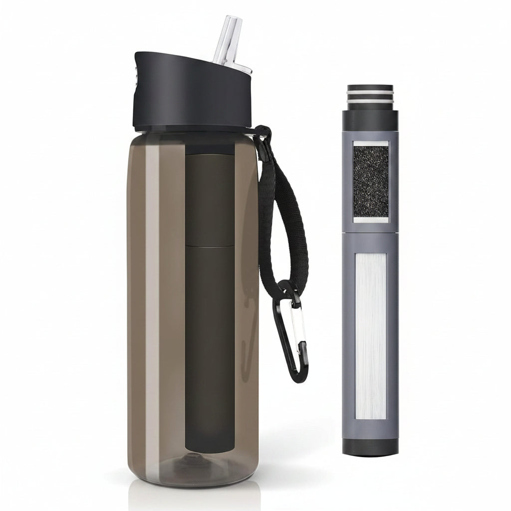 Portable water bottle with built-in filter design for camping and hiking
