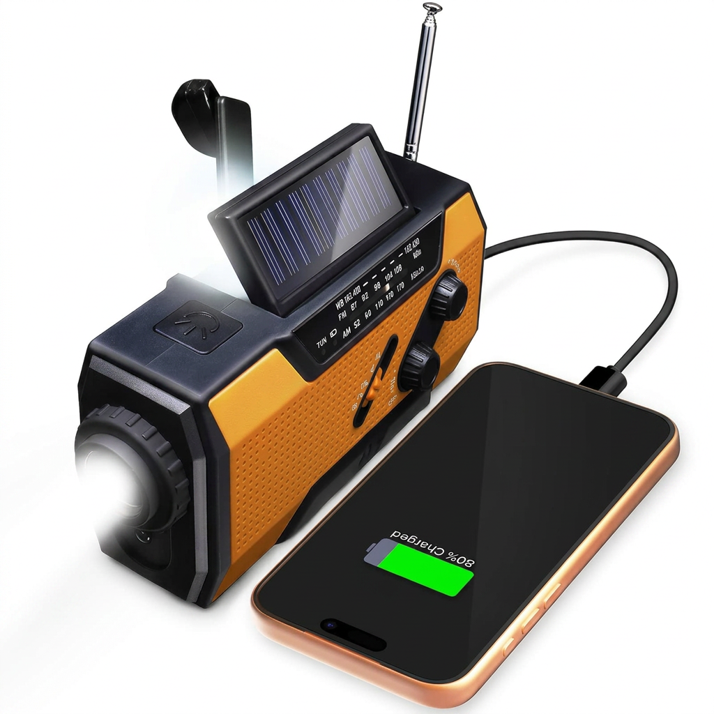 Portable weather radio front view with control buttons and display