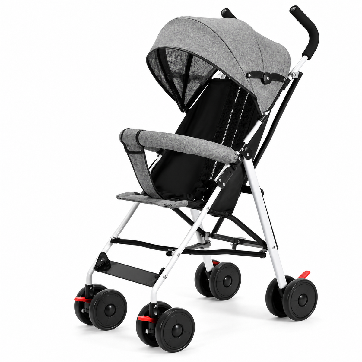 Portable baby travel stroller designed for compact storage during family outings.