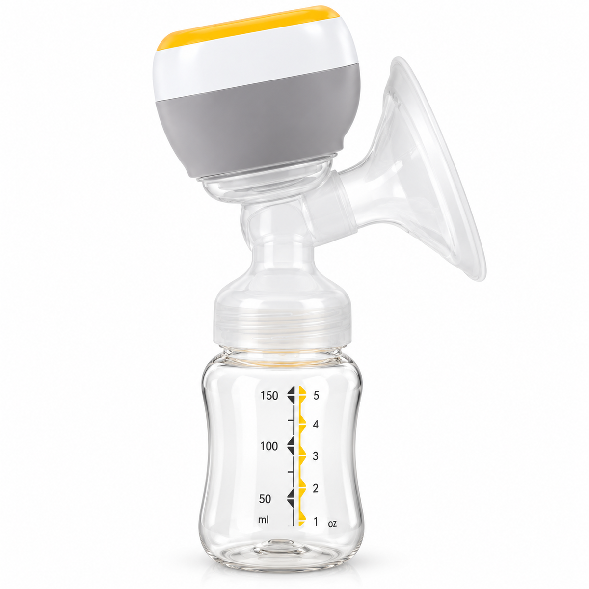 Portable electric breast pump with transparent breast shield and milk collection bottle