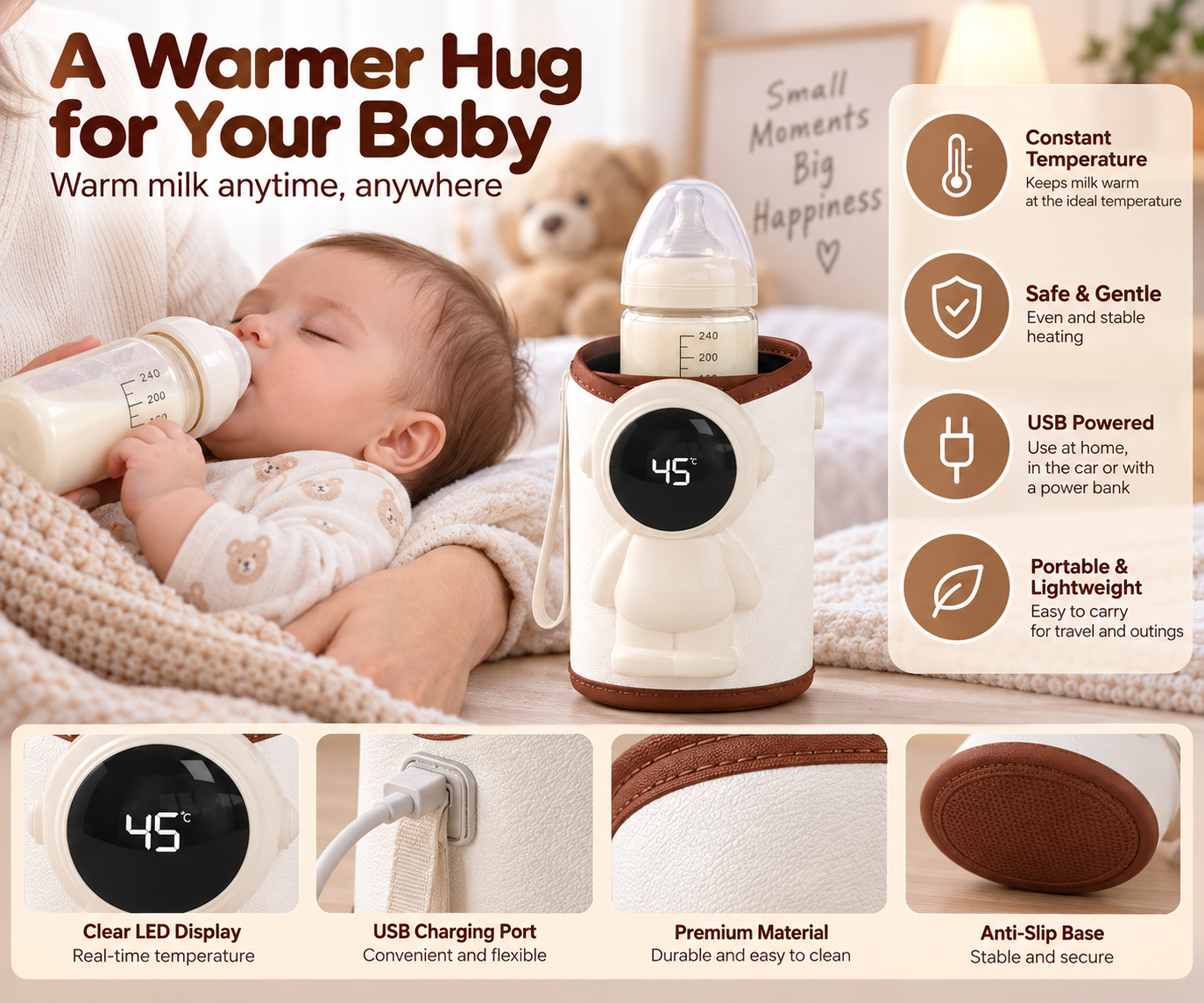 Portable feeding bottle warmer with zippered opening for baby bottles