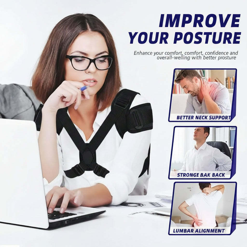 Side angle of posture corrector worn over shoulders