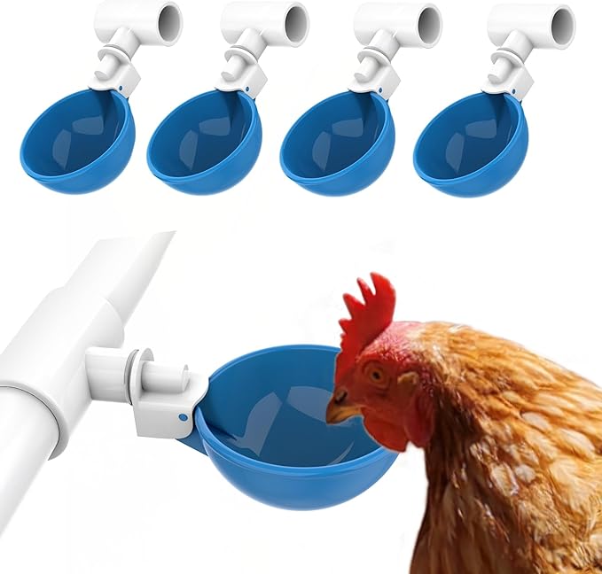 Five blue poultry drinking cups with PVC tee connectors