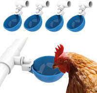 Five blue poultry drinking cups with PVC tee connectors