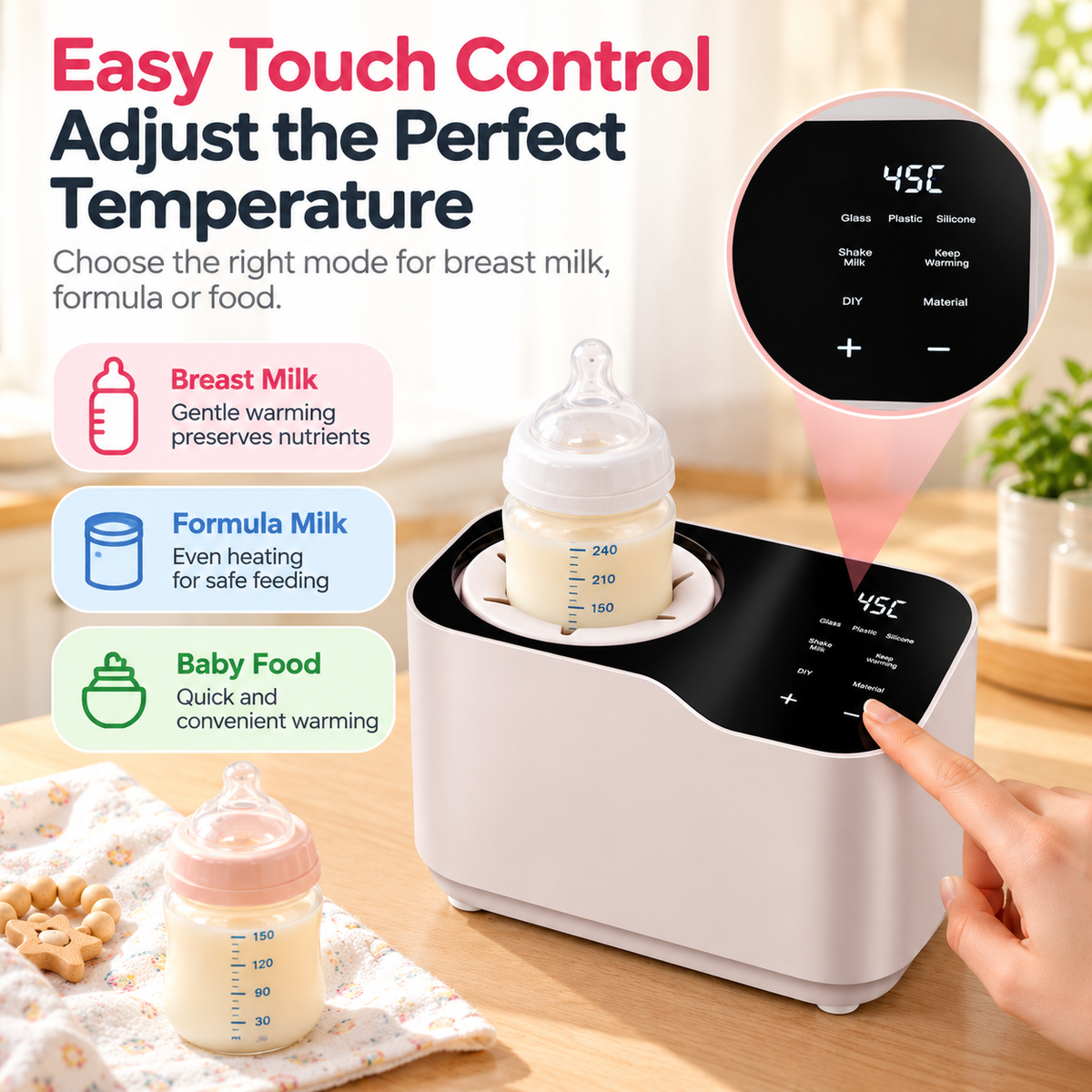 Close-up of powder milk mixer featuring touch buttons and illuminated temperature reading