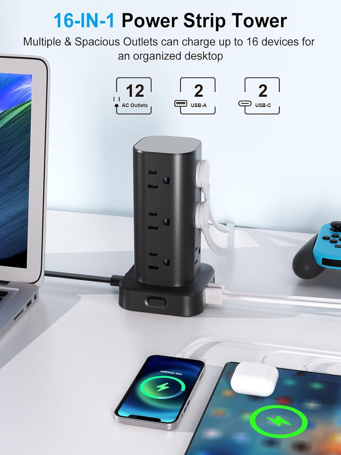 Vertical power strip for home and office desk