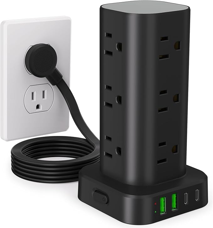 Power strip tower with 12 AC outlets and USB ports
