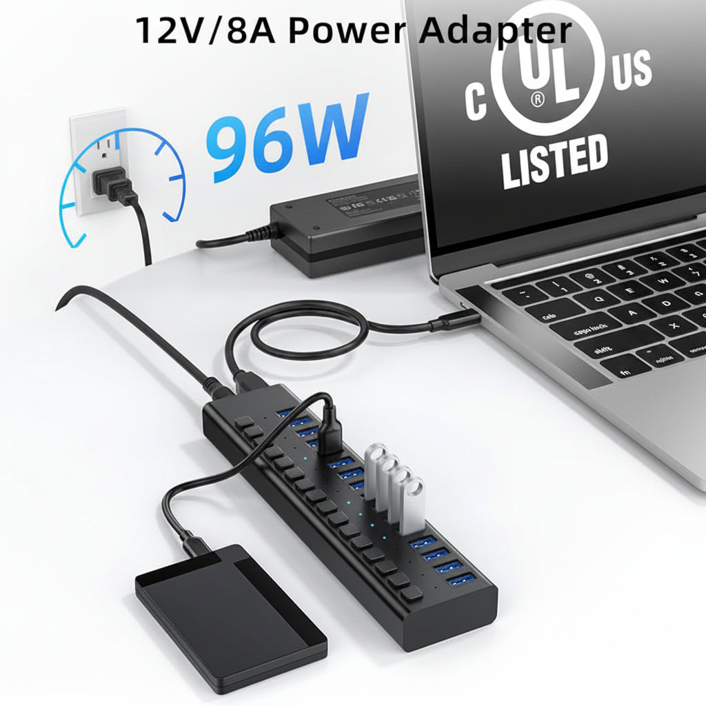 Powered USB hub with external power adapter