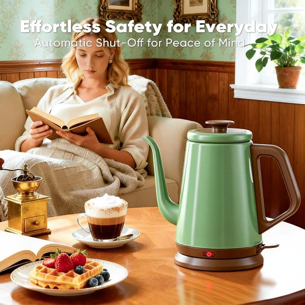 Electric kettle with curved gooseneck spout for steady pouring