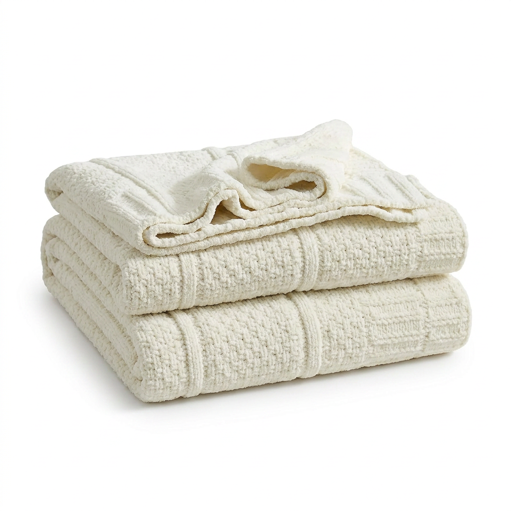 Premium ivory chenille throw blanket with soft moss stitch knit design
