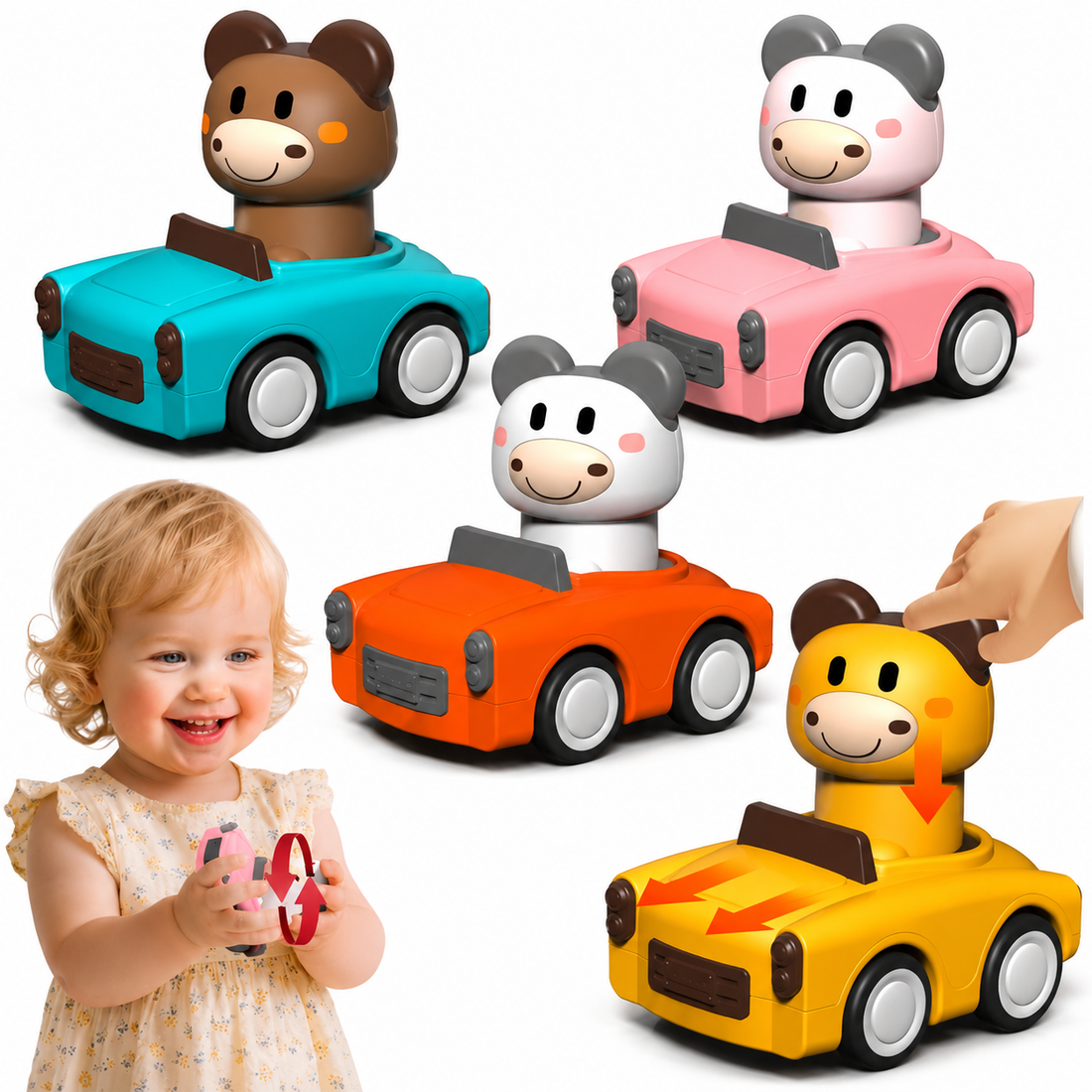 Four animal-shaped toy cars in turquoise, pink, orange, and yellow are shown on a white background, with a young child holding a similar toy and a hand pushing one car. The toys have animal faces inside open-top cars and are photographed in a clean studio setting.