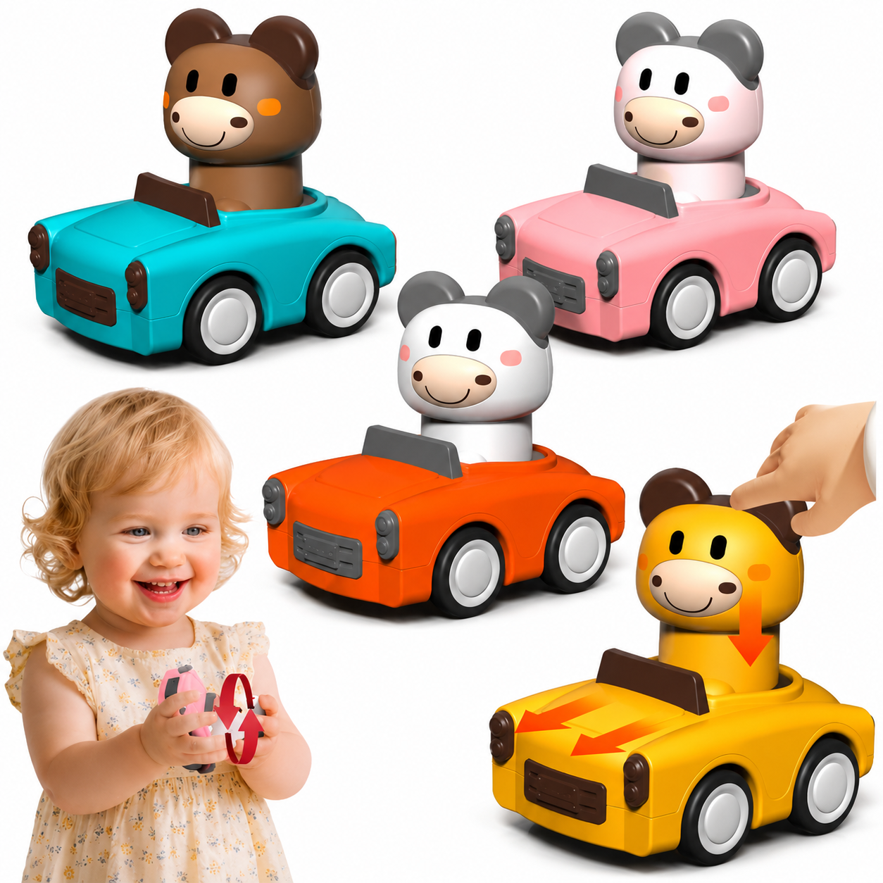 Four animal-shaped toy cars in turquoise, pink, orange, and yellow are shown on a white background, with a young child holding a similar toy and a hand pushing one car. The toys have animal faces inside open-top cars and are photographed in a clean studio setting.